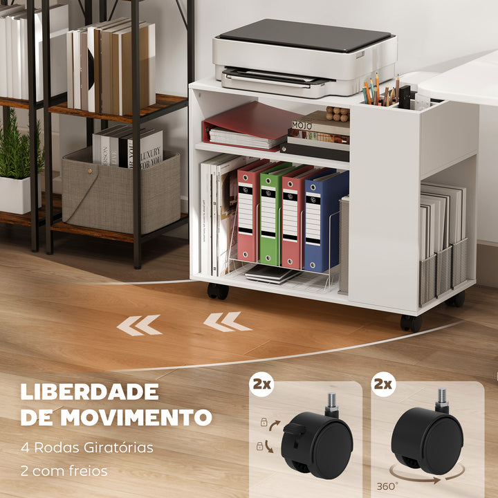 Mesa de Apoio com Rodas Mesa com Compartimentos Superiores e Prateleiras Abertas para Quarto Sala Escritório 70x36x60 cm Branco