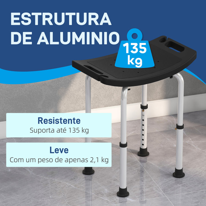 Banco de Duche Banco de Segurança para Duche com Altura Ajustável em 8 Posições com Base de Borracha Antiderrapante 50x36x39,5-56,5 cm Preto