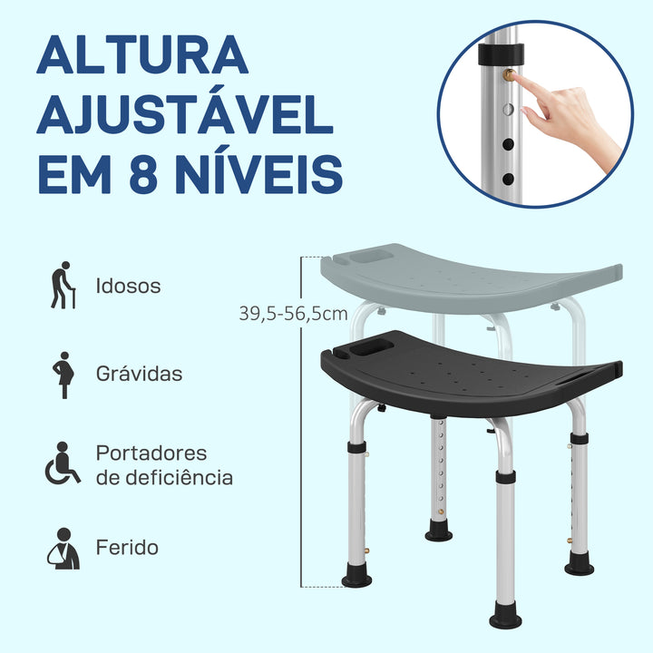 Banco de Duche Banco de Segurança para Duche com Altura Ajustável em 8 Posições com Base de Borracha Antiderrapante 50x36x39,5-56,5 cm Preto