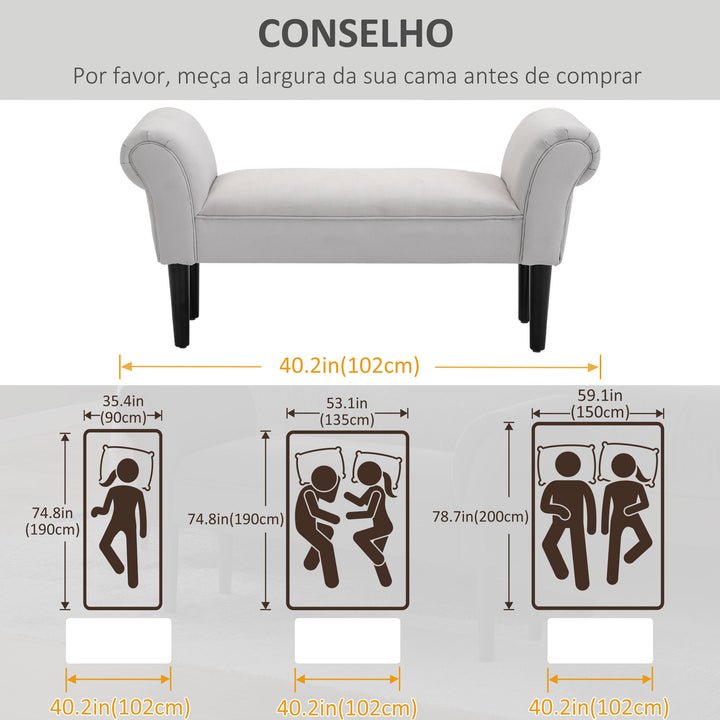Banco de Pé de Cama Banco estofado com braços Banco de madeira para quarto sala de estar Hall 102x31x51cm Carga 130kg cinza