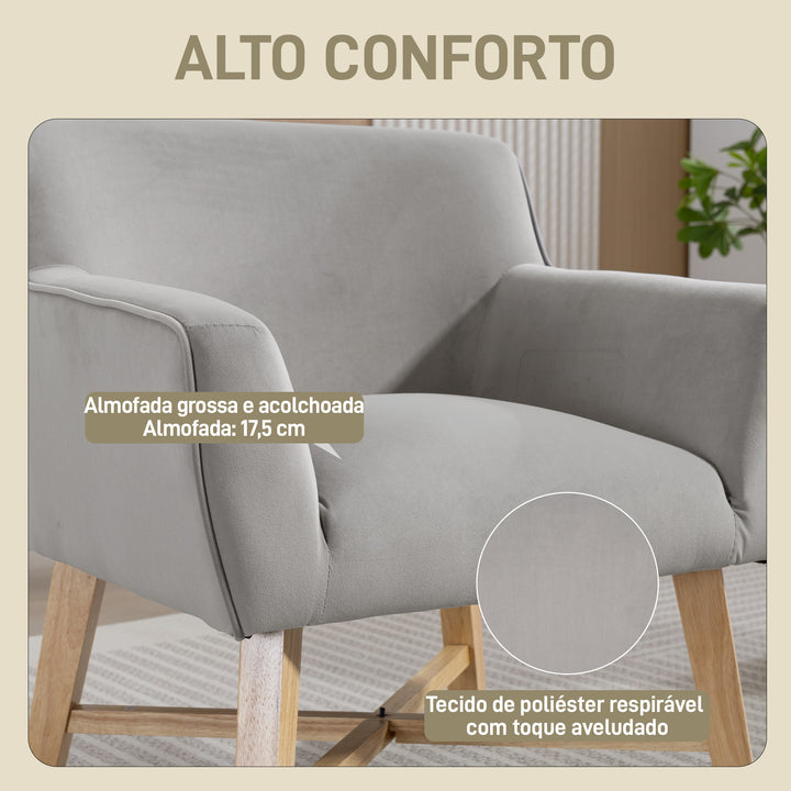 Poltrona de Sala de Estar Estofada em Veludo Poltrona Relax Moderna com Apoio para os Braços Acolchoados Pés de Madeira e Base Cruzada para Dormitório 67x65x74 cm Cinzento