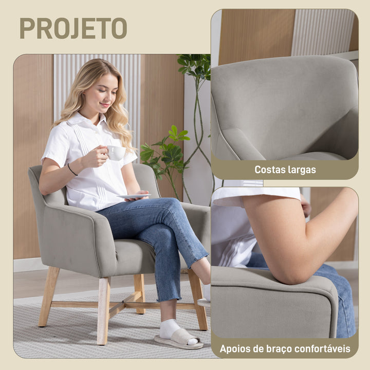 Poltrona de Sala de Estar Estofada em Veludo Poltrona Relax Moderna com Apoio para os Braços Acolchoados Pés de Madeira e Base Cruzada para Dormitório 67x65x74 cm Cinzento