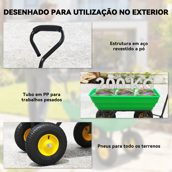 Carrinho de Jardim com Caçamba Inclinável até 75° Carrinho de Mão com Guiador Ajustável e 4 Pneus Capacidade Máxima 75L Aço 109x52x94 cm Verde Escuro