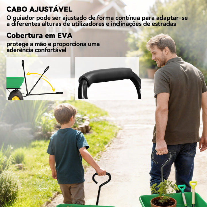 Carrinho de Jardim com Caçamba Inclinável até 75° Carrinho de Mão com Guiador Ajustável e 4 Pneus Capacidade Máxima 75L Aço 109x52x94 cm Verde Escuro
