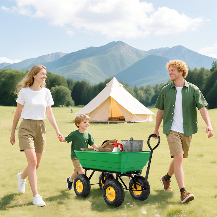 Carrinho de Jardim com Caçamba Inclinável até 75° Carrinho de Mão com Guiador Ajustável e 4 Pneus Capacidade Máxima 75L Aço 109x52x94 cm Verde Escuro