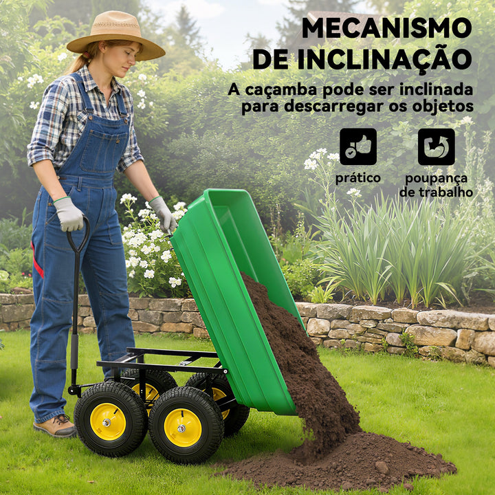 Carrinho de Jardim com Caçamba Inclinável até 75° Carrinho de Mão com Guiador Ajustável e 4 Pneus Capacidade Máxima 75L Aço 109x52x94 cm Verde Escuro