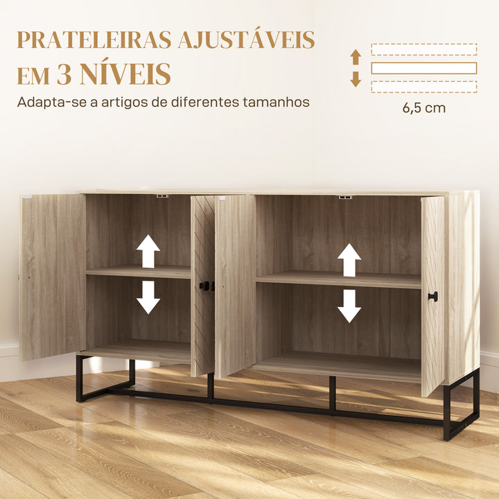 Aparador de 4 Portas com Design Chevron Aparador de Sala com Prateleiras Ajustáveis Pés de Aço para Cozinha Entrada Quarto 140,5x40x81,5 cm Carvalho