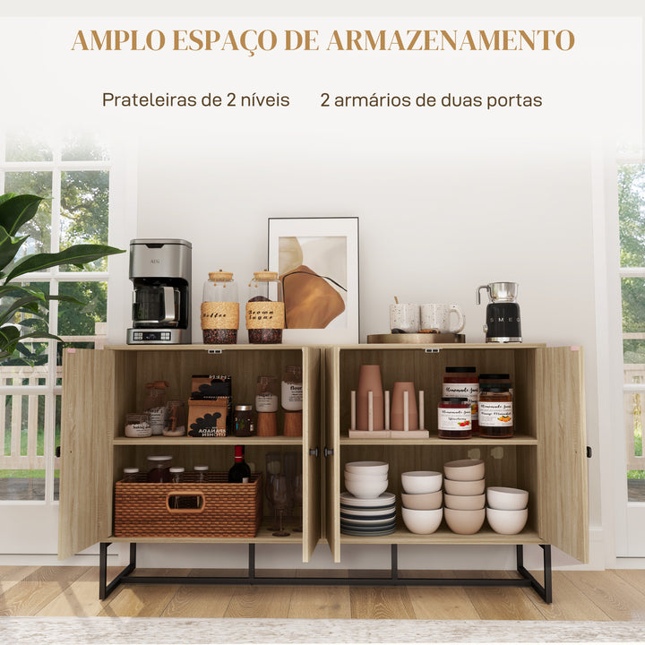 Aparador de 4 Portas com Design Chevron Aparador de Sala com Prateleiras Ajustáveis Pés de Aço para Cozinha Entrada Quarto 140,5x40x81,5 cm Carvalho