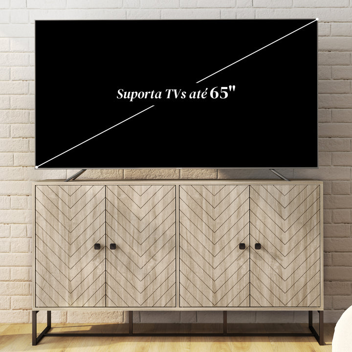 Aparador de 4 Portas com Design Chevron Aparador de Sala com Prateleiras Ajustáveis Pés de Aço para Cozinha Entrada Quarto 140,5x40x81,5 cm Carvalho