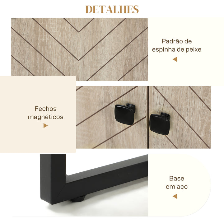 Aparador de 4 Portas com Design Chevron Aparador de Sala com Prateleiras Ajustáveis Pés de Aço para Cozinha Entrada Quarto 140,5x40x81,5 cm Carvalho