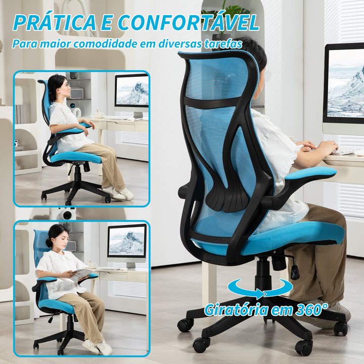Cadeira de Escritório em Malha Cadeira de Escritório Giratória com Altura Ajustável Apoio para os Braços Dobráveis e Função Basculante Cadeira para Estúdio Carga 120 kg 66x66x113-121 cm Azul