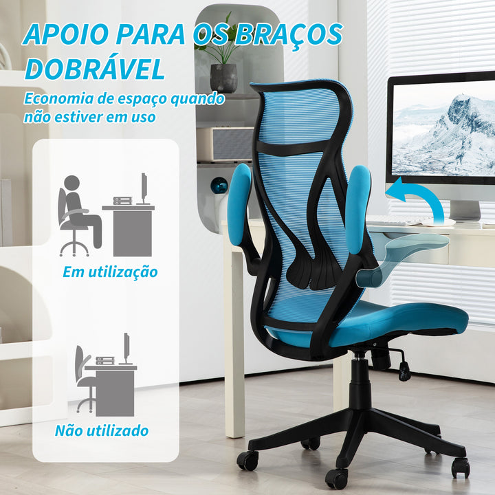 Cadeira de Escritório em Malha Cadeira de Escritório Giratória com Altura Ajustável Apoio para os Braços Dobráveis e Função Basculante Cadeira para Estúdio Carga 120 kg 66x66x113-121 cm Azul