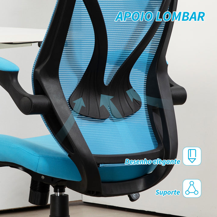 Cadeira de Escritório em Malha Cadeira de Escritório Giratória com Altura Ajustável Apoio para os Braços Dobráveis e Função Basculante Cadeira para Estúdio Carga 120 kg 66x66x113-121 cm Azul