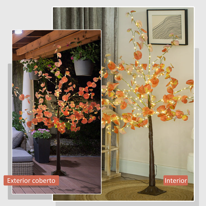 Árvore de Eucalipto Artificial 150 cm Árvore Artificial com 245 Luzes LED e Base Decoração para Interior e Exterior Laranja e Marrom
