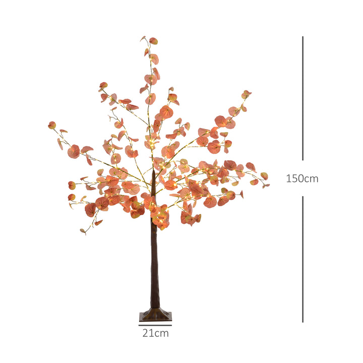 Árvore de Eucalipto Artificial 150 cm Árvore Artificial com 245 Luzes LED e Base Decoração para Interior e Exterior Laranja e Marrom