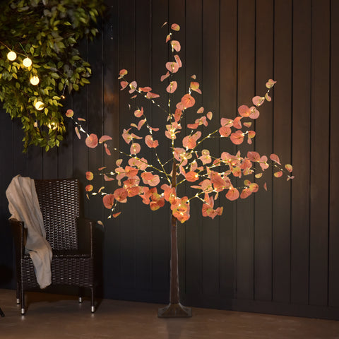 Árvore de Eucalipto Artificial 150 cm Árvore Artificial com 245 Luzes LED e Base Decoração para Interior e Exterior Laranja e Marrom