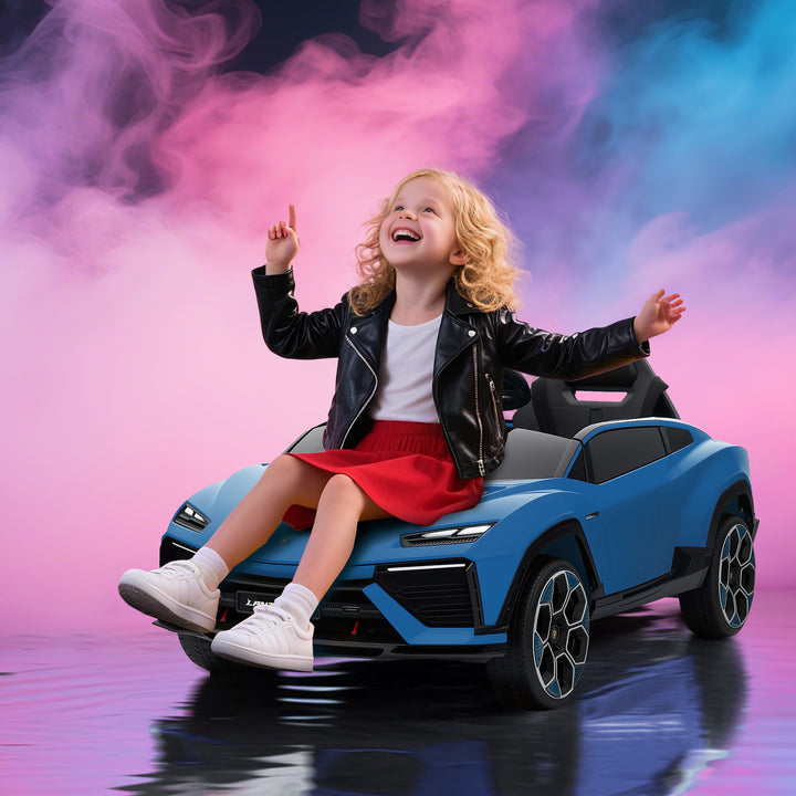 Carro Elétrico para Crianças acima de 3 Anos Lamborghini Infantil a Bateria 12V com Controlo Remoto 2,4G Motor Duplo Rodas com Suspensão Portas Estilo Tesoura Faróis Música USB 101,5x49x43 cm Azul