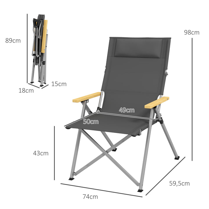 Cadeira de Campismo Dobrável de Alumínio com Encosto Ajustável e Apoios de Braço de Madeira Cadeira de Jardim Portátil com Bolsa de Transporte para Piscina Praia 74x59,5x98 cm Verde Escuro