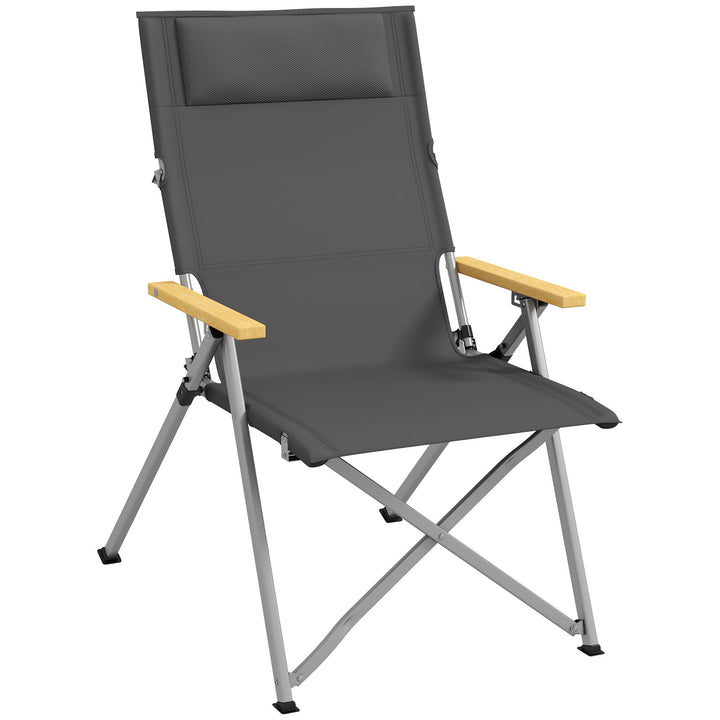 Cadeira de Campismo Dobrável de Alumínio com Encosto Ajustável e Apoios de Braço de Madeira Cadeira de Jardim Portátil com Bolsa de Transporte para Piscina Praia 74x59,5x98 cm Verde Escuro