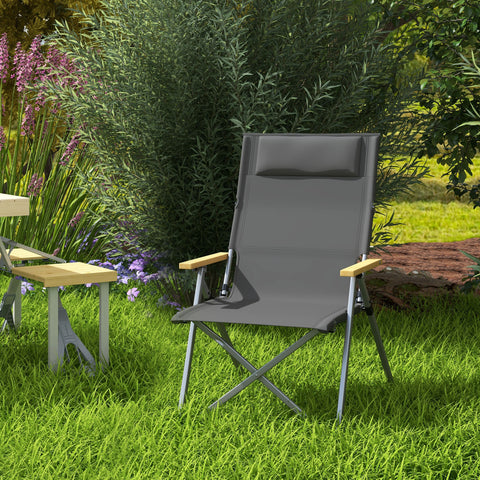 Cadeira de Campismo Dobrável de Alumínio com Encosto Ajustável e Apoios de Braço de Madeira Cadeira de Jardim Portátil com Bolsa de Transporte para Piscina Praia 74x59,5x98 cm Verde Escuro
