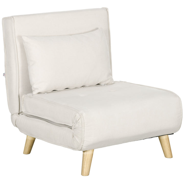 Sofá Cama Individual 3 em 1, Poltrona Cama Dobrável Estofada em Linho Sintético, com Encosto Ajustável em 6 Níveis, Almofada, Assento Largo, Pés de Madeira, 72x78x79 cm, Creme