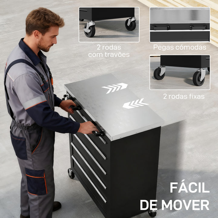 Carrinho de Ferramentas com 5 Gavetas e Fecho Carrinho de Oficina com Rodas com Travão e Bancada em Aço Inoxidável Caixa de Ferramentas com Conectores Laterais para Garagem Preto e Prateado
