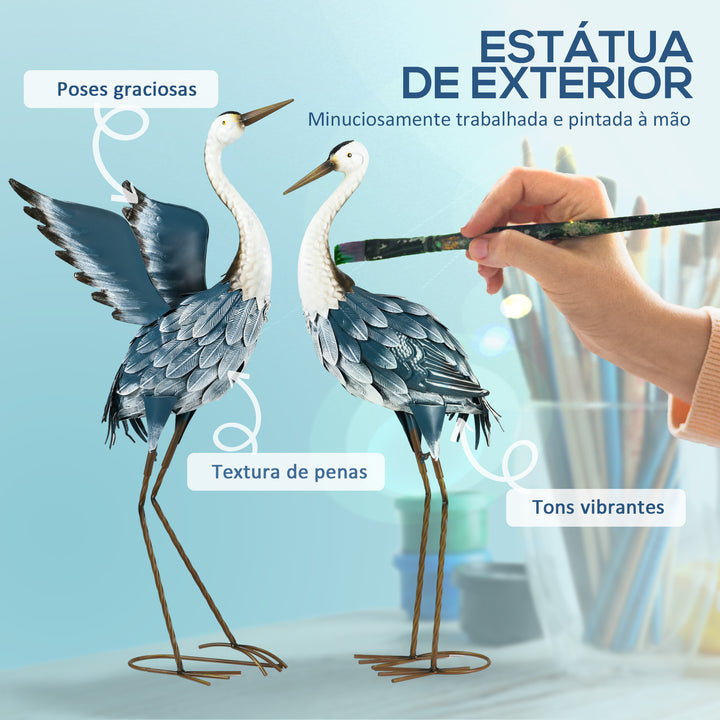 Conjunto de 2 Peças Estátuas de Jardim de Cegonha em Aço Esculturas para Exteriores Decoração de Relvado Patio 26x15x74 cm Azul
