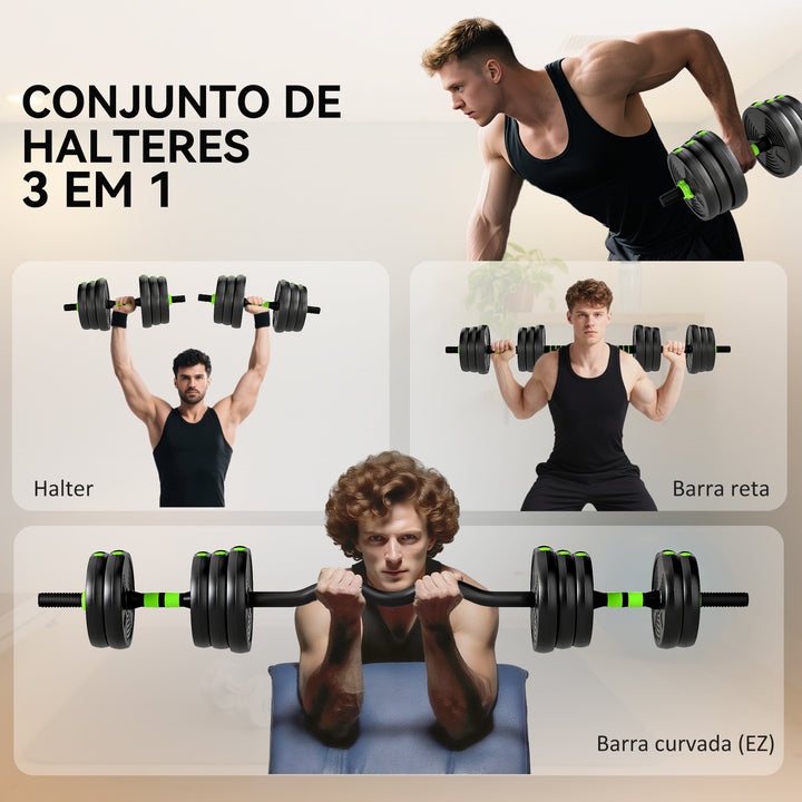 Conjunto de Halteres Ajustáveis 3 em 1 20 kg Conjunto de Pesos com Barras de Conexão e Pegas Antiderrapantes Pesos e Halteres para Exercício de Fitness Ginásio em Casa