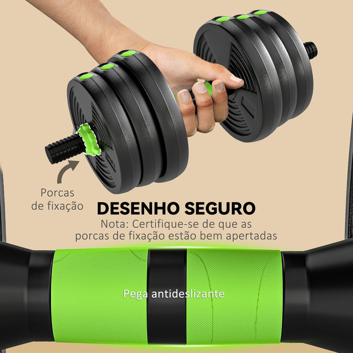 Conjunto de Halteres Ajustáveis 3 em 1 20 kg Conjunto de Pesos com Barras de Conexão e Pegas Antiderrapantes Pesos e Halteres para Exercício de Fitness Ginásio em Casa