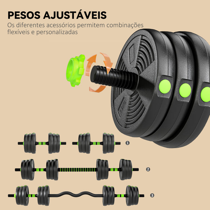 Conjunto de Halteres Ajustáveis 3 em 1 20 kg Conjunto de Pesos com Barras de Conexão e Pegas Antiderrapantes Pesos e Halteres para Exercício de Fitness Ginásio em Casa