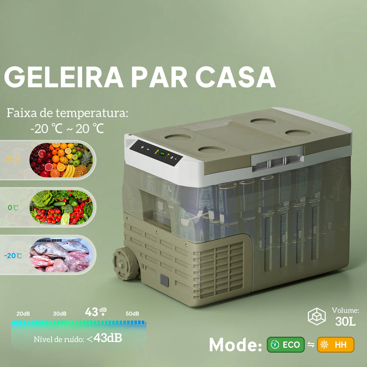 Geleira Portátil Elétrica 30L Geleira de Carro -20? a +20? 12V/24V Mini Geleira com Rodas Compressor e Ecrã LED Tátil para Casa Campismo Viagens Automóvel 61x39x41,5 cm Verde