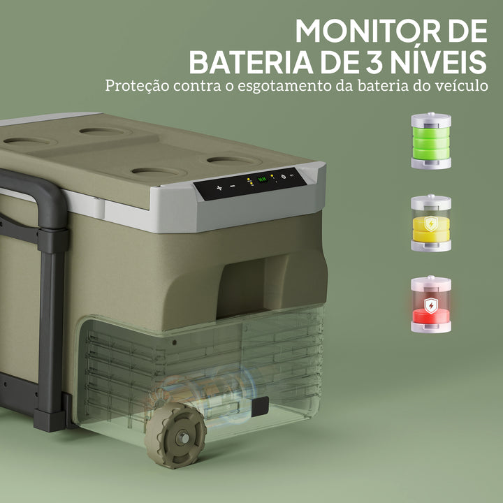 Geleira Portátil Elétrica 30L Geleira de Carro -20? a +20? 12V/24V Mini Geleira com Rodas Compressor e Ecrã LED Tátil para Casa Campismo Viagens Automóvel 61x39x41,5 cm Verde