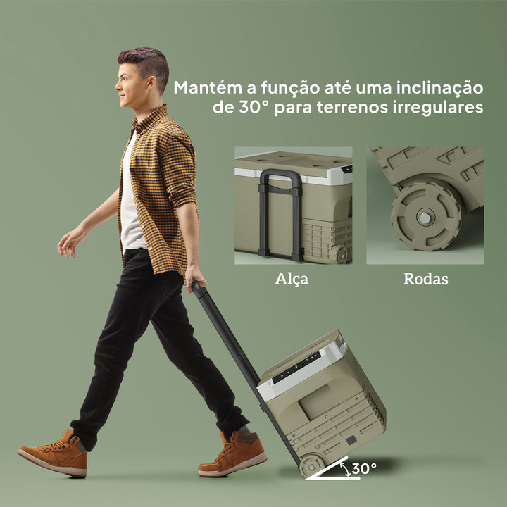 Geleira Portátil Elétrica 30L Geleira de Carro -20? a +20? 12V/24V Mini Geleira com Rodas Compressor e Ecrã LED Tátil para Casa Campismo Viagens Automóvel 61x39x41,5 cm Verde