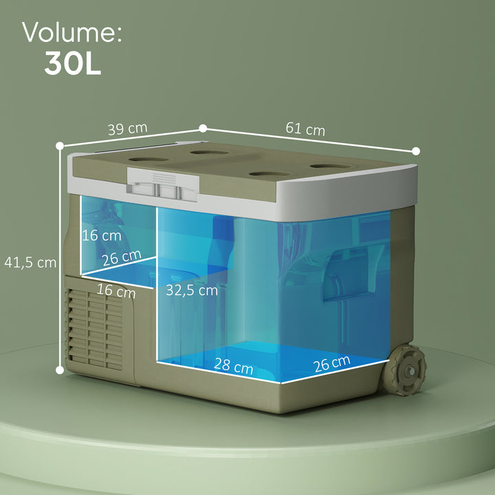 Geleira Portátil Elétrica 30L Geleira de Carro -20? a +20? 12V/24V Mini Geleira com Rodas Compressor e Ecrã LED Tátil para Casa Campismo Viagens Automóvel 61x39x41,5 cm Verde