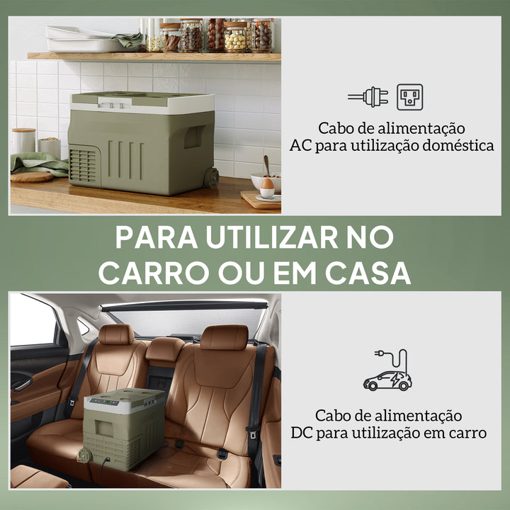 Geleira Portátil Elétrica 30L Geleira de Carro -20? a +20? 12V/24V Mini Geleira com Rodas Compressor e Ecrã LED Tátil para Casa Campismo Viagens Automóvel 61x39x41,5 cm Verde