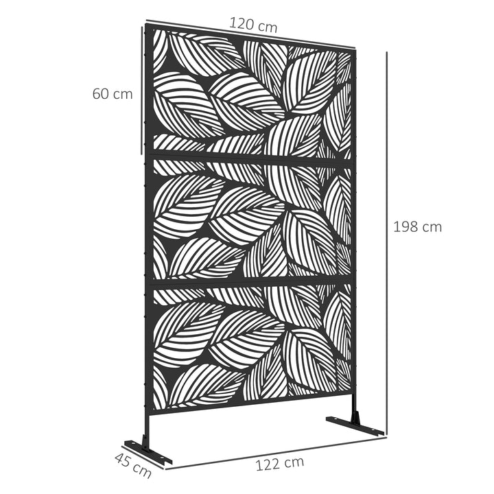 Biombo de Exterior Separador de Ambientes com 3 Peças com Padrão de Flores Grande e Estrutura de Aço Ecrã de Privacidade para Pátio Varanda Jardim 122x45x198 cm Preto