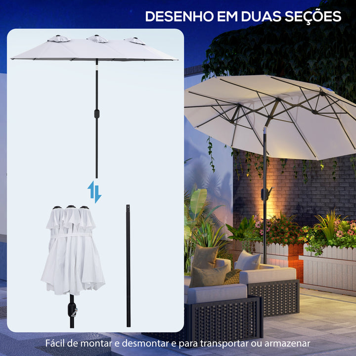 Chapéu de Sol Duplo 295x152x222 cm Chapéu de Sol de Jardim com Inclinação de 45° Manivela Estrutura de Aço para Pátio Varanda Piscina Creme