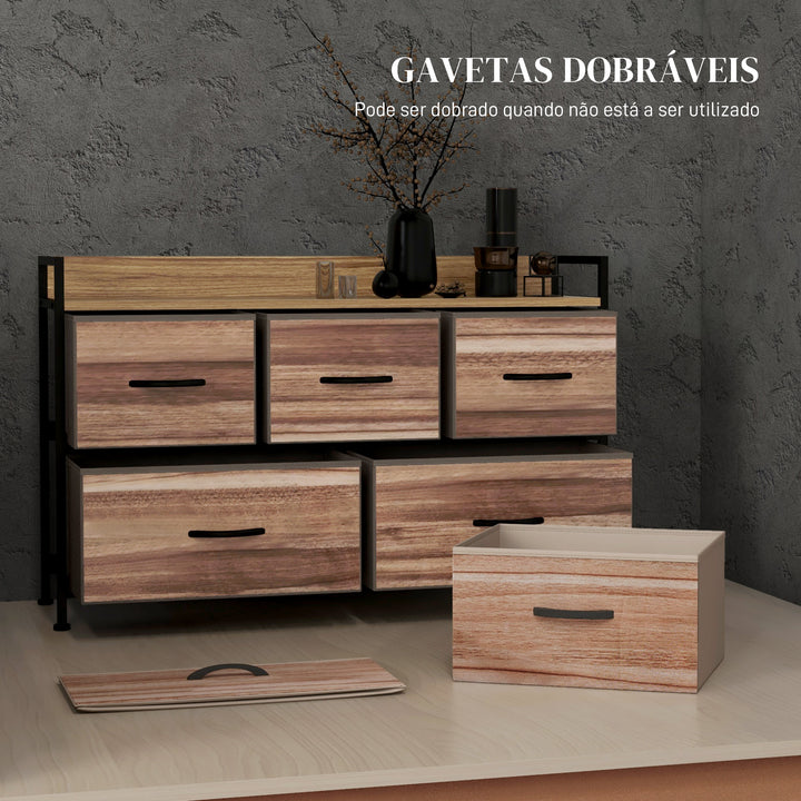 Cómoda com 5 Gavetas de Tecido Cómoda de Estilo Industrial com Estrutura Metálica para Sala de Estar Entrada Quarto 98x29x63 cm Carvalho