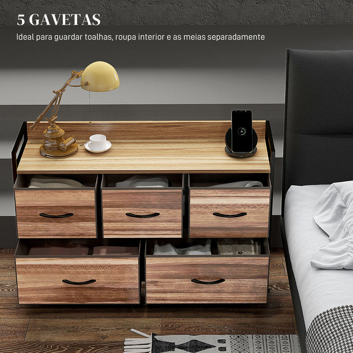 Cómoda com 5 Gavetas de Tecido Cómoda de Estilo Industrial com Estrutura Metálica para Sala de Estar Entrada Quarto 98x29x63 cm Carvalho