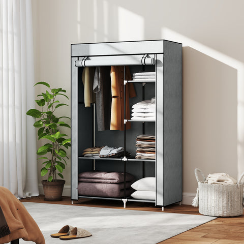 Roupeiro de Tecido Dobrável Armário de Roupa Portátil com 6 Prateleiras e 1 Barra de Pendurar para Dormitório Vestidor 103x43x162,5cm Cinza