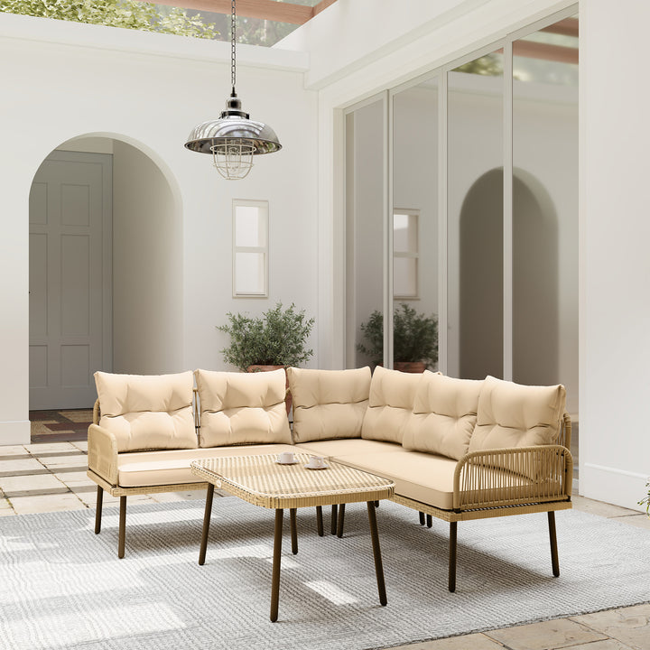 Conjunto de Jardim de Vime Sintético de 4 Peças Móveis de Exterior em Forma de L Inclui 2 Sofás de 2 Lugares 1 Canto de Sofá 1 Mesa de Centro com Almofadas Madeira e Bege