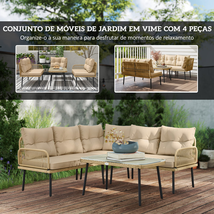 Conjunto de Jardim de Vime Sintético de 4 Peças Móveis de Exterior em Forma de L Inclui 2 Sofás de 2 Lugares 1 Canto de Sofá 1 Mesa de Centro com Almofadas Madeira e Bege