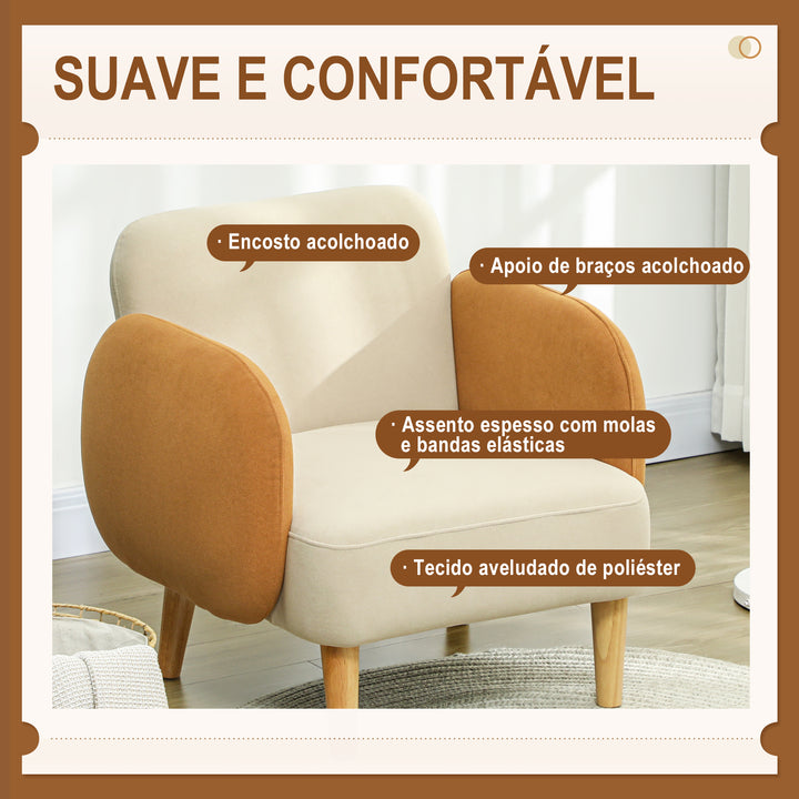 Poltrona Sala de Estar Poltrona Nórdica Poltrona para Dormitório com Apoio para os Braços e Pés de Madeira Sofá Individual Carga 120 kg 72x87x82 cm Bege e Ocre