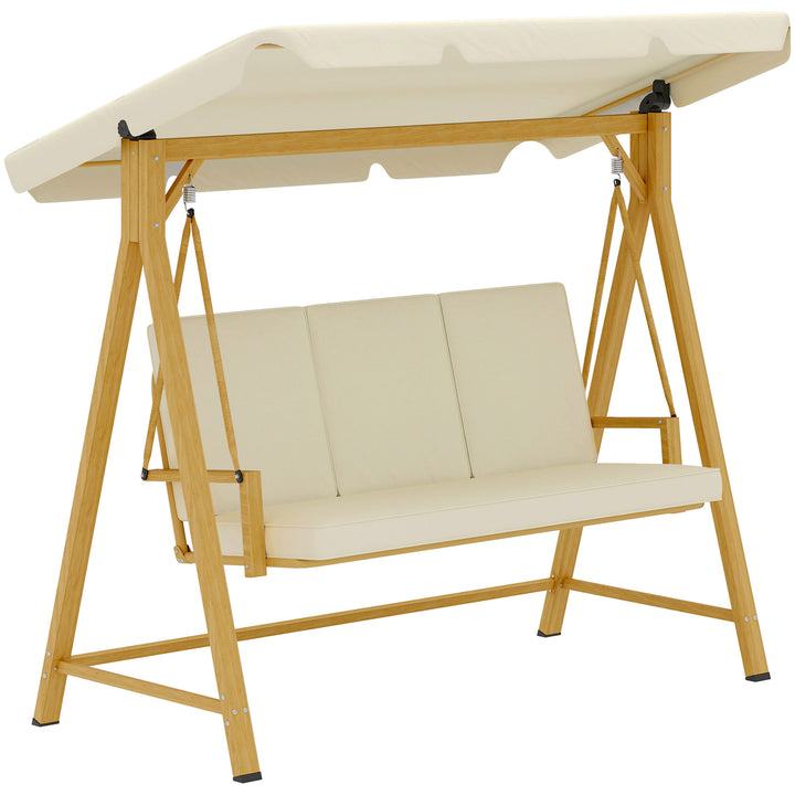 Baloiço de Jardim de 3 Lugares Baloiço de Exterior com Toldo Ajustável Almofadas e Estrutura com Veios de Madeira Carga 330 kg 195x120x170 cm Madeira e Creme