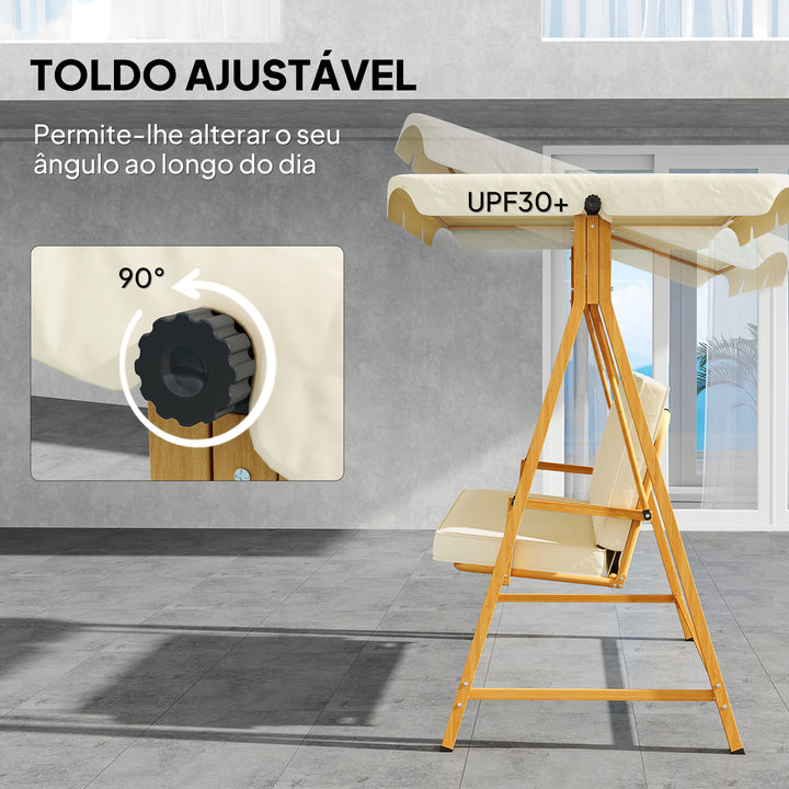 Baloiço de Jardim de 3 Lugares Baloiço de Exterior com Toldo Ajustável Almofadas e Estrutura com Veios de Madeira Carga 330 kg 195x120x170 cm Madeira e Creme