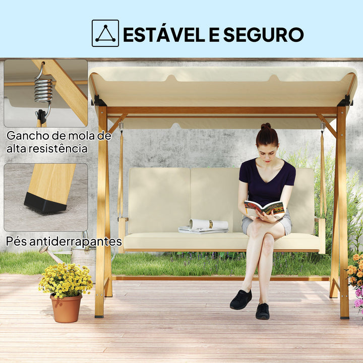 Baloiço de Jardim de 3 Lugares Baloiço de Exterior com Toldo Ajustável Almofadas e Estrutura com Veios de Madeira Carga 330 kg 195x120x170 cm Madeira e Creme