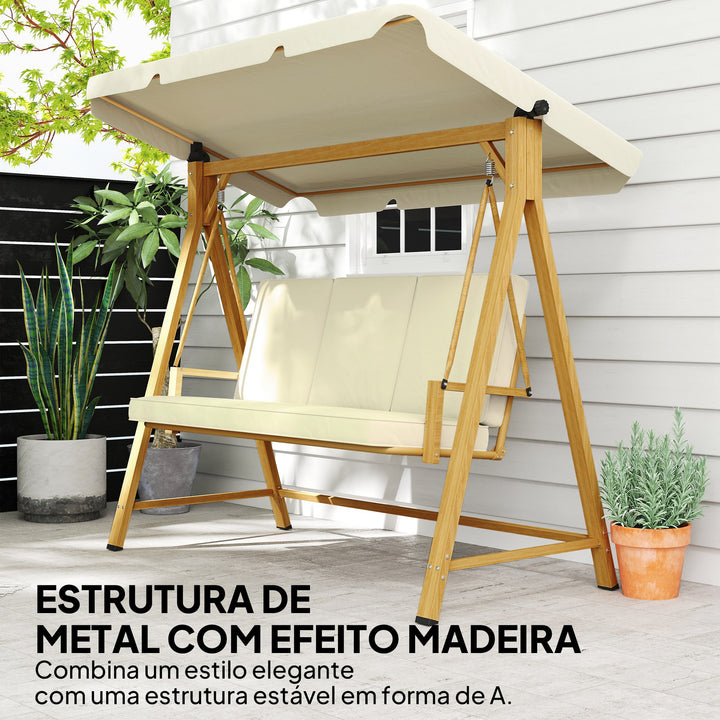 Baloiço de Jardim de 3 Lugares Baloiço de Exterior com Toldo Ajustável Almofadas e Estrutura com Veios de Madeira Carga 330 kg 195x120x170 cm Madeira e Creme