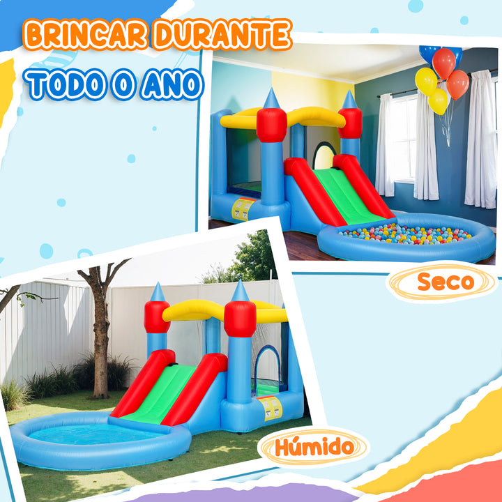 Castelo Insuflável com Insuflador 4 em 1 Castelo Insuflável para Crianças com Escorrega Piscina de Bolas Cesto e Saco de Transporte para Exterior e Interior 415x205x190 cm Multicor
