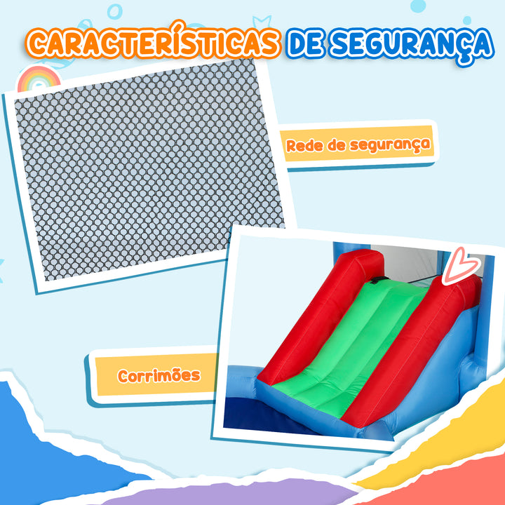 Castelo Insuflável com Insuflador 4 em 1 Castelo Insuflável para Crianças com Escorrega Piscina de Bolas Cesto e Saco de Transporte para Exterior e Interior 415x205x190 cm Multicor