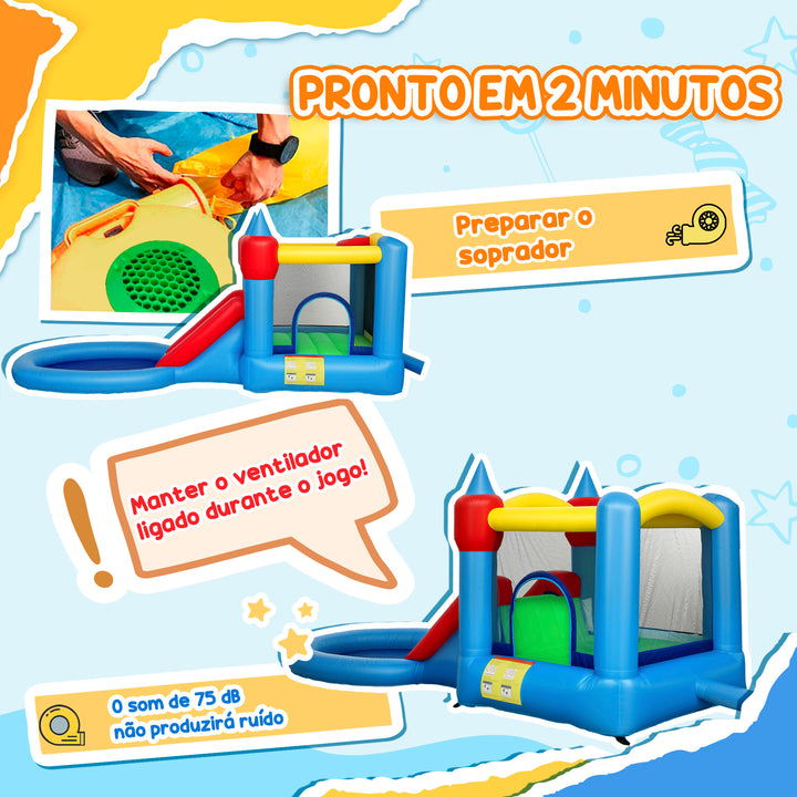 Castelo Insuflável com Insuflador 4 em 1 Castelo Insuflável para Crianças com Escorrega Piscina de Bolas Cesto e Saco de Transporte para Exterior e Interior 415x205x190 cm Multicor